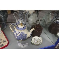 4 TEAPOTS & 2 SMALL SAUCERS