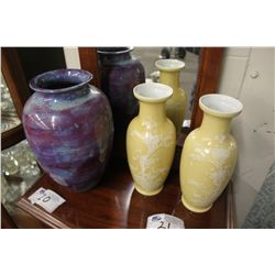 2 YELLOW ASIAN VASES & 1 LARGE PURPLE VASE