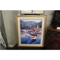 LARGE GOLD FRAMED PRINT - BOATS ON THE WATER
