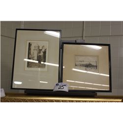 2 SMALL FRAMED ETCHINGS - 1 SIGNED R.W.