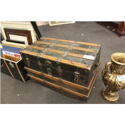 ANTIQUE  STEAMER TRUNK - BLACK WITH WOOD