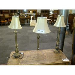 2 TABLE LAMPS, 1 FLOOR LAMP W/GOLD BASE & SILK