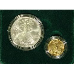 1995 TEN DOLLAR GOLD EAGLE 1/4 oz. AND ONE DOLLAR SILVER EAGLE IN DISPLAY BOX
