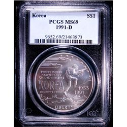 1991-D KOREAN WAR MEMORIAL COMMEMORATIVE SILVER DOLLAR, PCGS MS69!