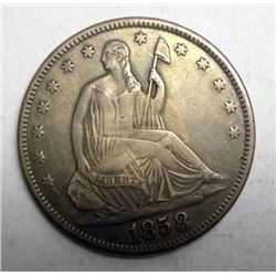 1858-S SEATED HALF DOLLAR XF OBVERSE, REVERSE LOOKS FINE
