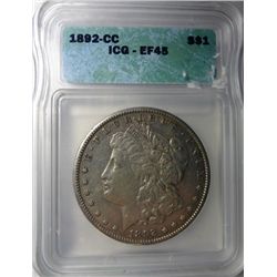 1892-CC MORGAN DOLLAR ICG XF-AU45 ORIGINAL!