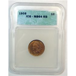 1908 INDIAN ONE CENT ICG MS64 RB