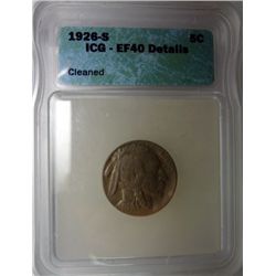 1926-S BUFFALO NICKEL ICG EF40 SAYS CLEANED, DOESN'T LOOK IT. CHEAP