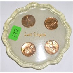 Las Vegas Penny Coaster with 4 MINT Pennies including 76D, 77D, 80D & 84D!!