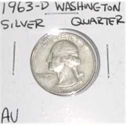 1963-D Washington Silver Quarter *RARE AU GRADE - NICE COIN*!!
