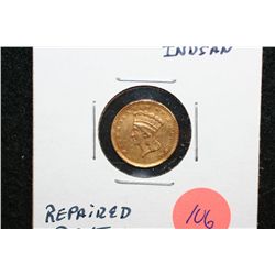 1856 Indian Princess $1 Gold Coin, Repaired Bent