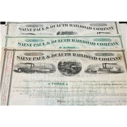 Saint Paul & Duluth Railroad Co. Stock Certificate, Lot of 3, Dated 1878, 1887 & 1891