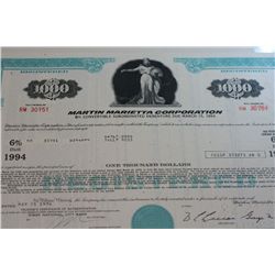 Martin Marietta Corp. Stock Certificate Dated 1974