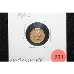 1853 Liberty $1 Gold Coin, Type I, Removed from Jewelry