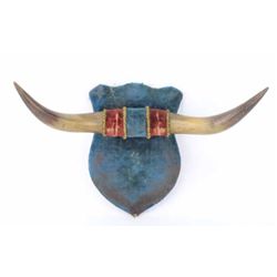 19th Century shield back horn hat rack with original velour and trim showing great old patina, 16 1/