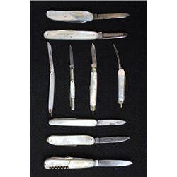 Collection of 9 knives all Mother of Pearl folding knives.
