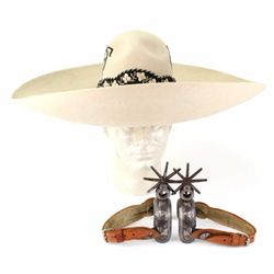 Matching sombrero and spurs the felt sombrero embroidered with initials O.F., satin liner and sweat 