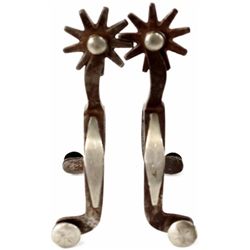 Pair Crockett marked spurs single mounted stamped on heel band behind shank with 9 point rowels with