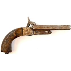 Antique double barrel pinfire pistol approx. 64 cal. unmarked, folding triggers and 5  barrels. Func