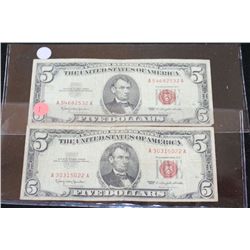 1963 United States Note $5, Red Seal, Lot of 2
