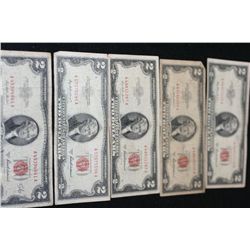 1953-A United States Note $2, Red Seal, Lot of 5