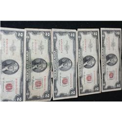 1953-A United States Note $2, Red Seal, Lot of 5