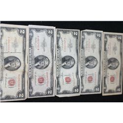 1953-A United States Note $2, Red Seal, Lot of 5