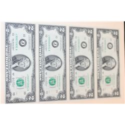 2003-A US Federal Reserve Note $2, Kansas City MO Reserve, Lot of 4 Uncut Bills