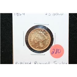 1854 Indian Princess $3 Gold Coin, Repaired & Removed from Jewelry