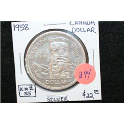 1958 Canada "Totem Pole" $1 Foreign Coin, .800 Silver .6000 Oz.