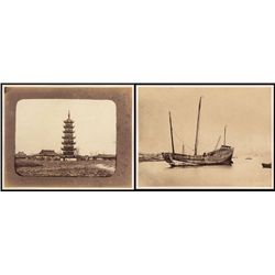 China, Photographs of Pagoda and Chinese Junk Ship ca.1870-90 Albumen Prints.