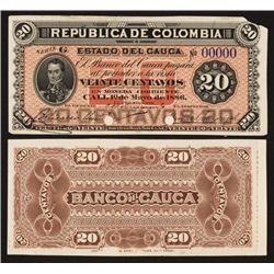 Banco Del Cauca, 1886 Issue Proof Banknote.