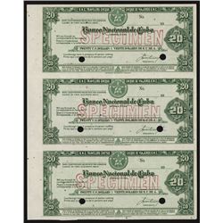 Banco Nacional de Cuba Uncut Sheet of 3 Specimen Travelers Checks.