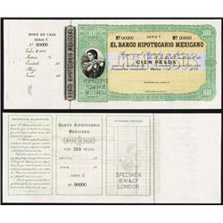 Banco Hipotecario Mexicano, Bono De Caja 1870-80 Specimen Color Trial Banknote.