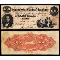 Commercial Bank of Alabama, $100 1858 Obsolete Banknote.