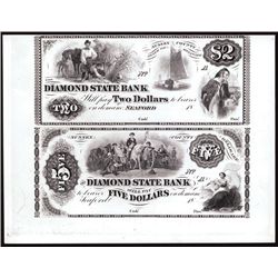 Diamond State Bank, $2-$5 Uncut Proprietary Proof Sheet Banknote Pair