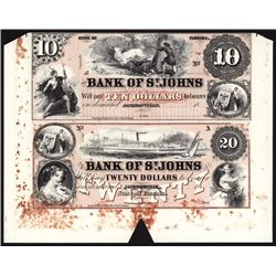 Bank of St. John $10 & $20 Uncut Sheet of 2 Red Tinted Proprietary Proofs.