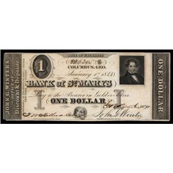 Bank of St. Mary's 1843 Issue Obsolete Banknote.