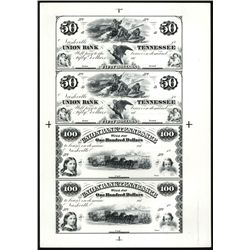 Union Bank of Tennessee Uncut Sheet of 4 Black & White Proprietary Proofs.