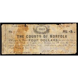 County of Norfolk 1861 Obsolete Banknote.