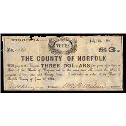 County of Norfolk 1861 Obsolete Banknote.