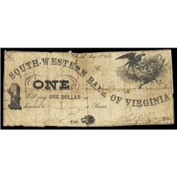 South-Western Bank of Virginia, 1861 Obsolete Banknote.