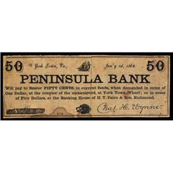 Peninsula Bank - Charles H. Wynner, 1862 Scrip Note With Judaica connection.