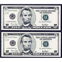 Federal Reserve Note, San Francisco, 2001 $5, Fr#1988-L* Star Note High Grade Pair.