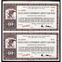 U.S. Government Liberty Loan Bond - $10 Participation Certificate Uncut Sheet of 2.