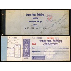 Nepal Bank Limited, Katmandu Branch Unused 1960's Check Book.