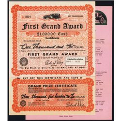 Grand Award Certificate with 1932 Studebaker Automobile Vignette.