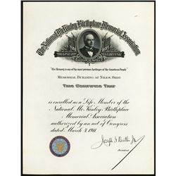 McKinley Birthplace Memorial Association Certificate.