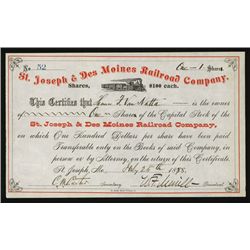 St. Joseph & Des Moines Railroad Co. Issued Stock.