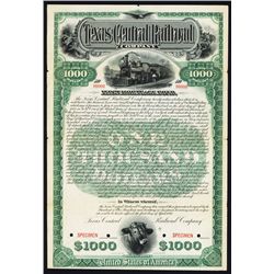 Texas Central Railroad Co. Specimen Bond.